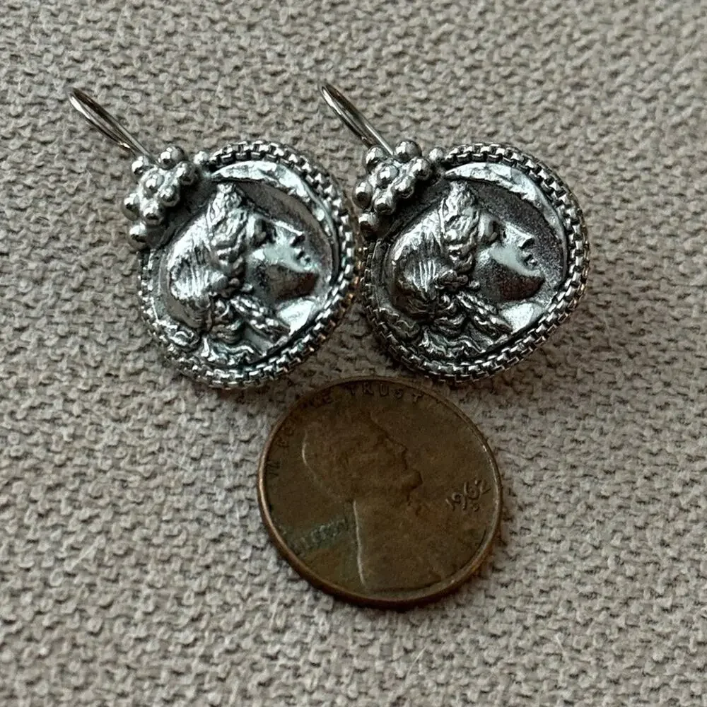 VINTAGE Maeve Carr Nee York Art Nouveau Greek Portrait Silver Tone Earrings